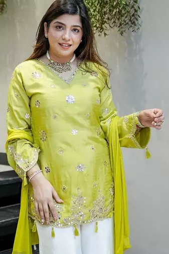 lime yellow embroidered silk free size stitched kurta set