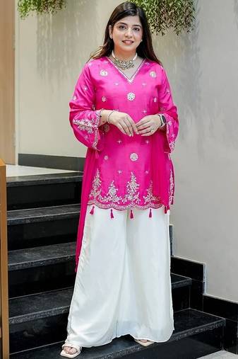 rani pink embroidered silk free size stitched kurta set