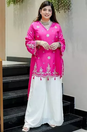 rani pink embroidered silk free size stitched kurta set