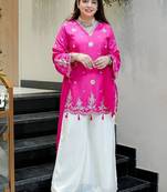 rani pink embroidered silk free size stitched kurta set