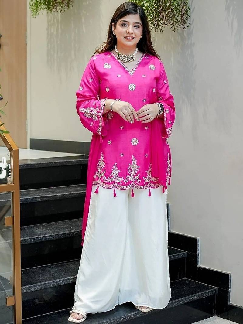 rani pink embroidered silk free size stitched kurta set