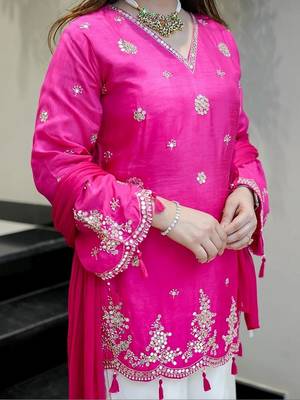 rani pink embroidered silk free size stitched kurta set 2