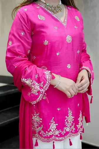 rani pink embroidered silk free size stitched kurta set