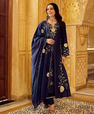 navy blue embroidered chanderi free size stitched kurta set 1