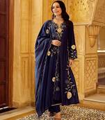 navy blue embroidered chanderi free size stitched kurta set