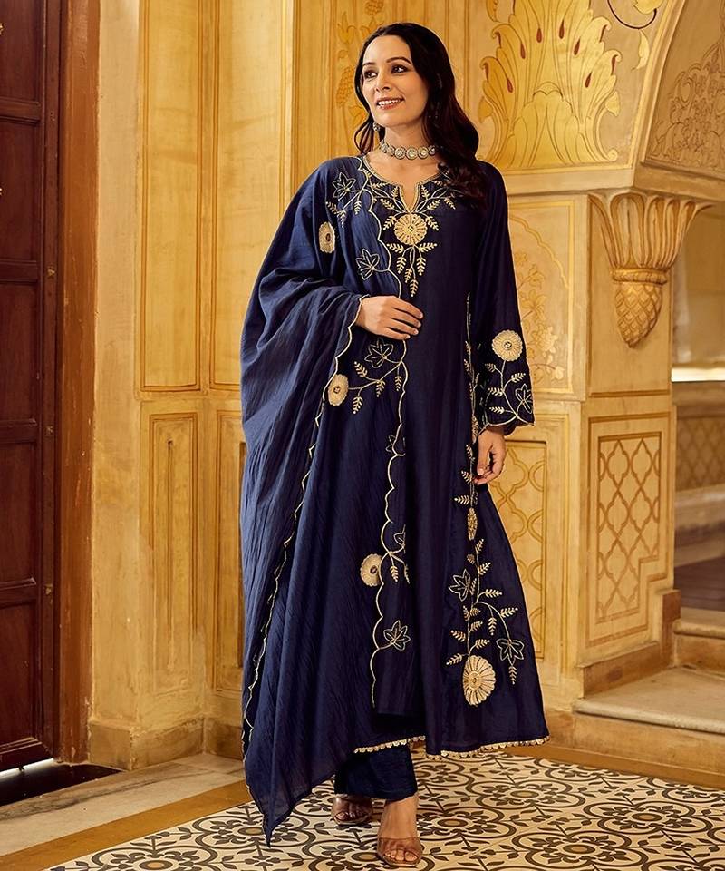navy blue embroidered chanderi free size stitched kurta set