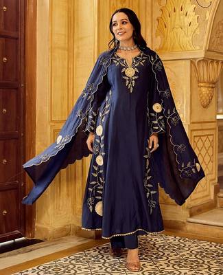 navy blue embroidered chanderi free size stitched kurta set 2