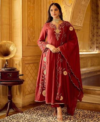 maroon embroidered chanderi free size stitched kurta set 1