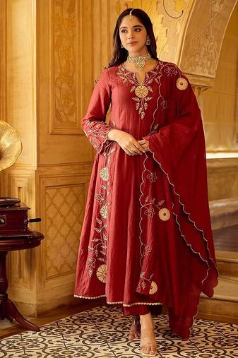 maroon embroidered chanderi free size stitched kurta set