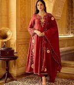 maroon embroidered chanderi free size stitched kurta set