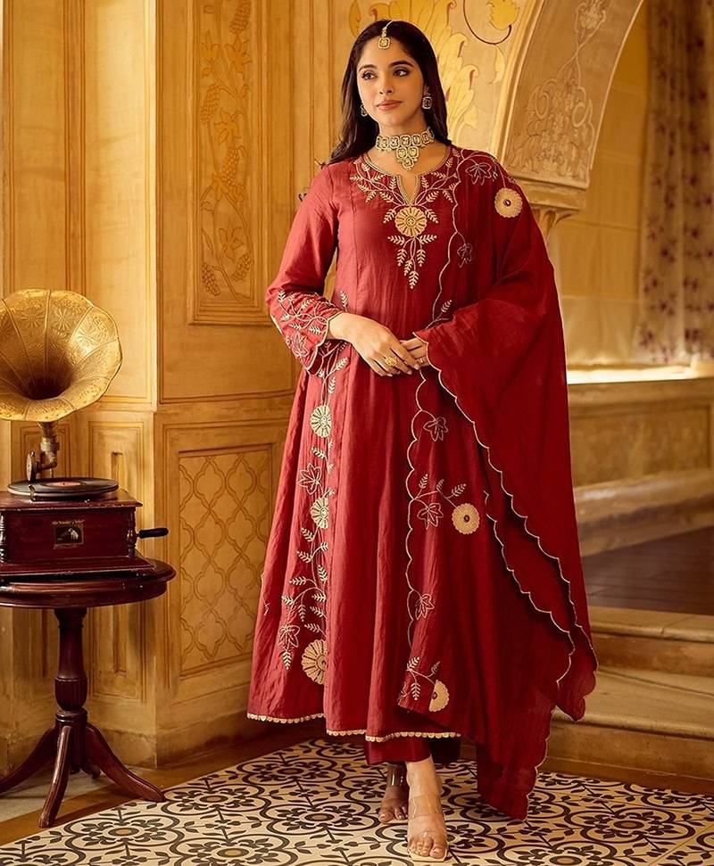 maroon embroidered chanderi free size stitched kurta set