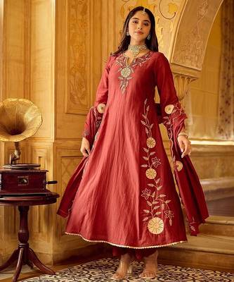 maroon embroidered chanderi free size stitched kurta set 2