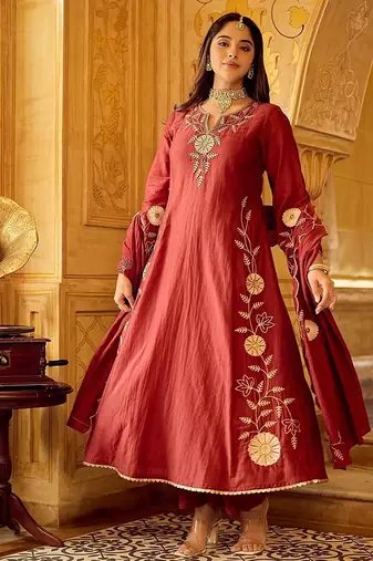 maroon embroidered chanderi free size stitched kurta set
