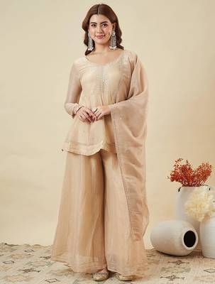 nude embroidered chrunchy silk free size stitched kurta set 1