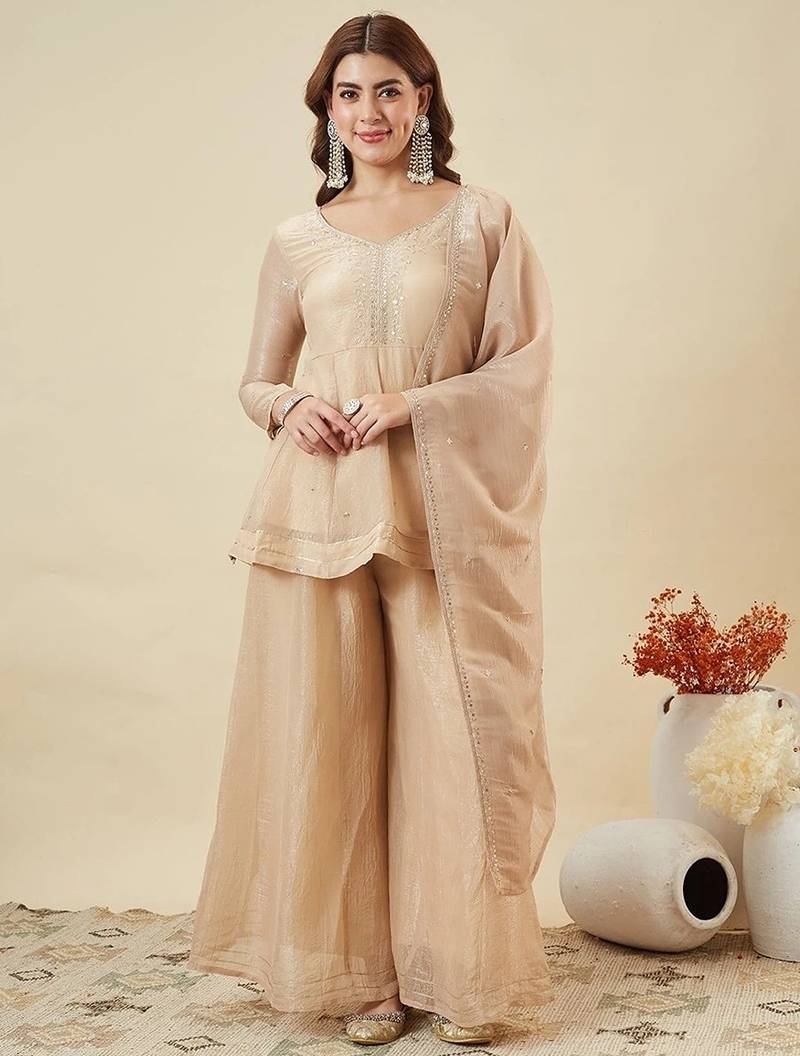 nude embroidered chrunchy silk free size stitched kurta set