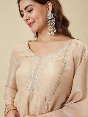 nude embroidered chrunchy silk free size stitched kurta set 2