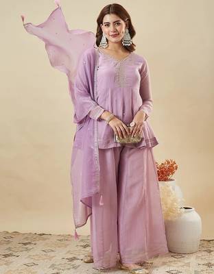 lilac embroidered chrunchy silk free size stitched kurta set 1