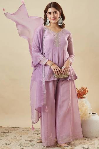 lilac embroidered chrunchy silk free size stitched kurta set
