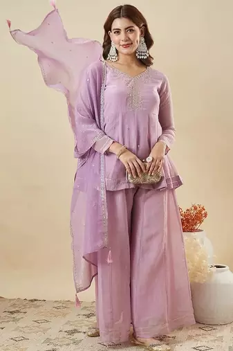 lilac embroidered chrunchy silk free size stitched kurta set