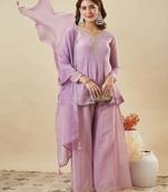 lilac embroidered chrunchy silk free size stitched kurta set