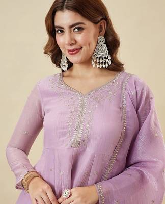 lilac embroidered chrunchy silk free size stitched kurta set 2