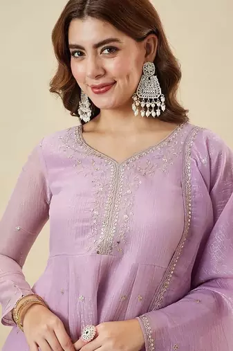 lilac embroidered chrunchy silk free size stitched kurta set