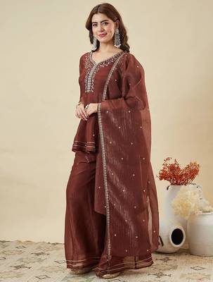 brown embroidered chrunchy silk free size stitched kurta set 1