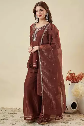 brown embroidered chrunchy silk free size stitched kurta set