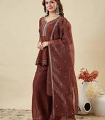 brown embroidered chrunchy silk free size stitched kurta set