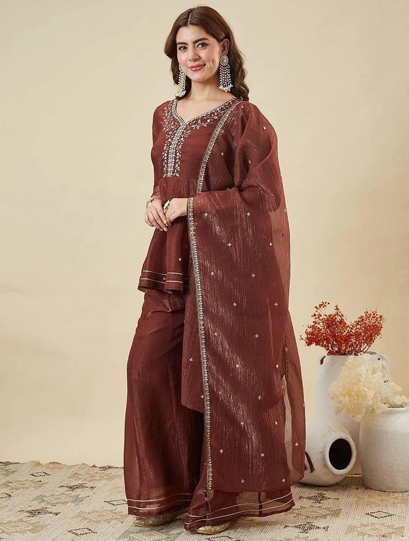 brown embroidered chrunchy silk free size stitched kurta set