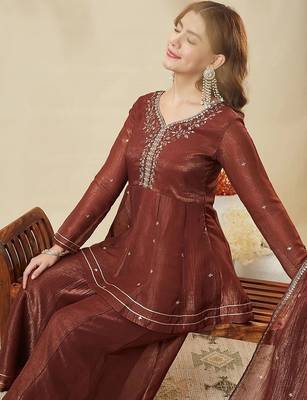 brown embroidered chrunchy silk free size stitched kurta set 2