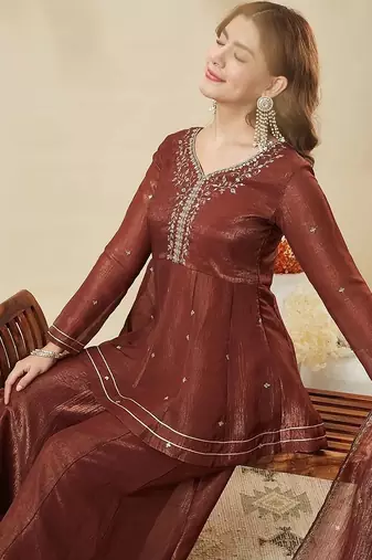 brown embroidered chrunchy silk free size stitched kurta set