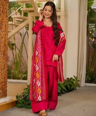 red solid silk crepe free size stitched short kurta suit 1