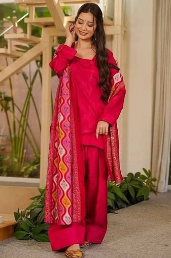 red solid silk crepe free size stitched short kurta suit