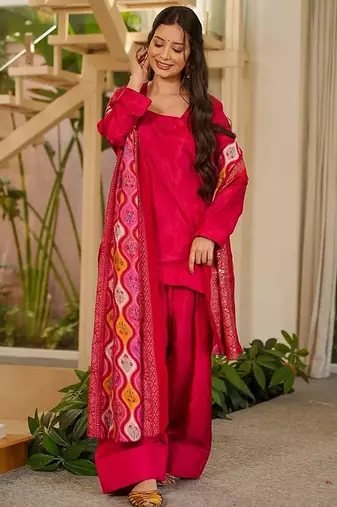 red solid silk crepe free size stitched short kurta suit