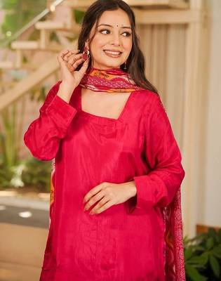 red solid silk crepe free size stitched short kurta suit 2