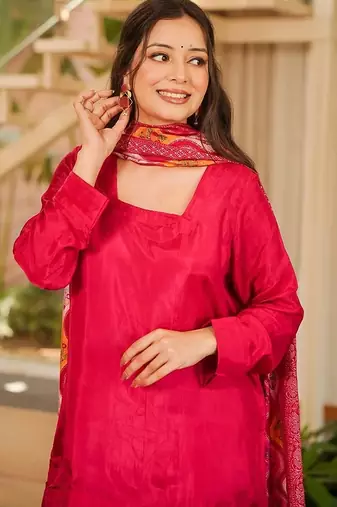 red solid silk crepe free size stitched short kurta suit