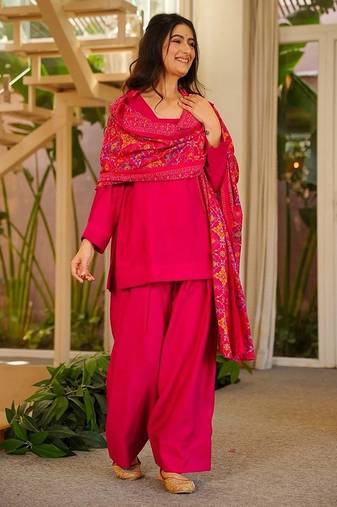 rani pink solid silk crepe free size stitched short kurta suit