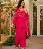 rani pink solid silk crepe free size stitched short kurta suit