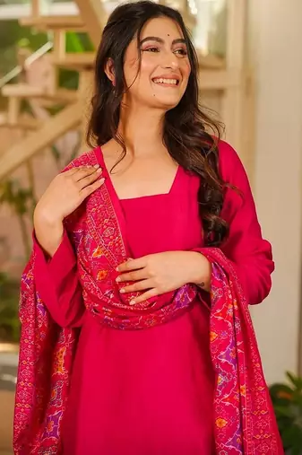 rani pink solid silk crepe free size stitched short kurta suit