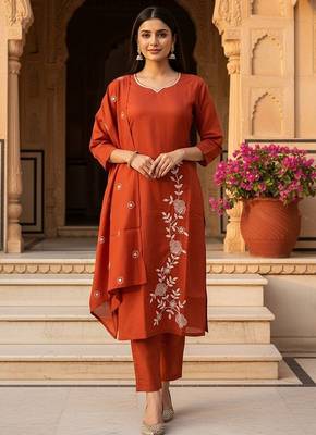 rust solid cotton free size stitched kurta set 1