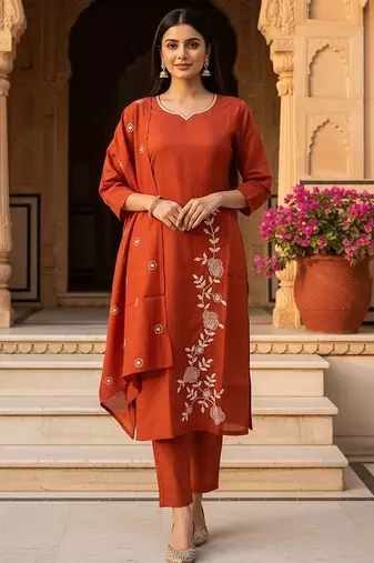 rust solid cotton free size stitched kurta set