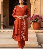 rust solid cotton free size stitched kurta set
