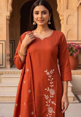 rust solid cotton free size stitched kurta set 2