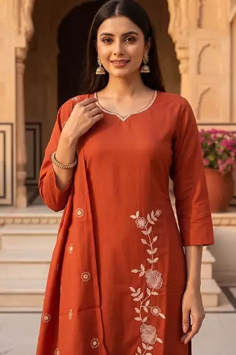 rust solid cotton free size stitched kurta set