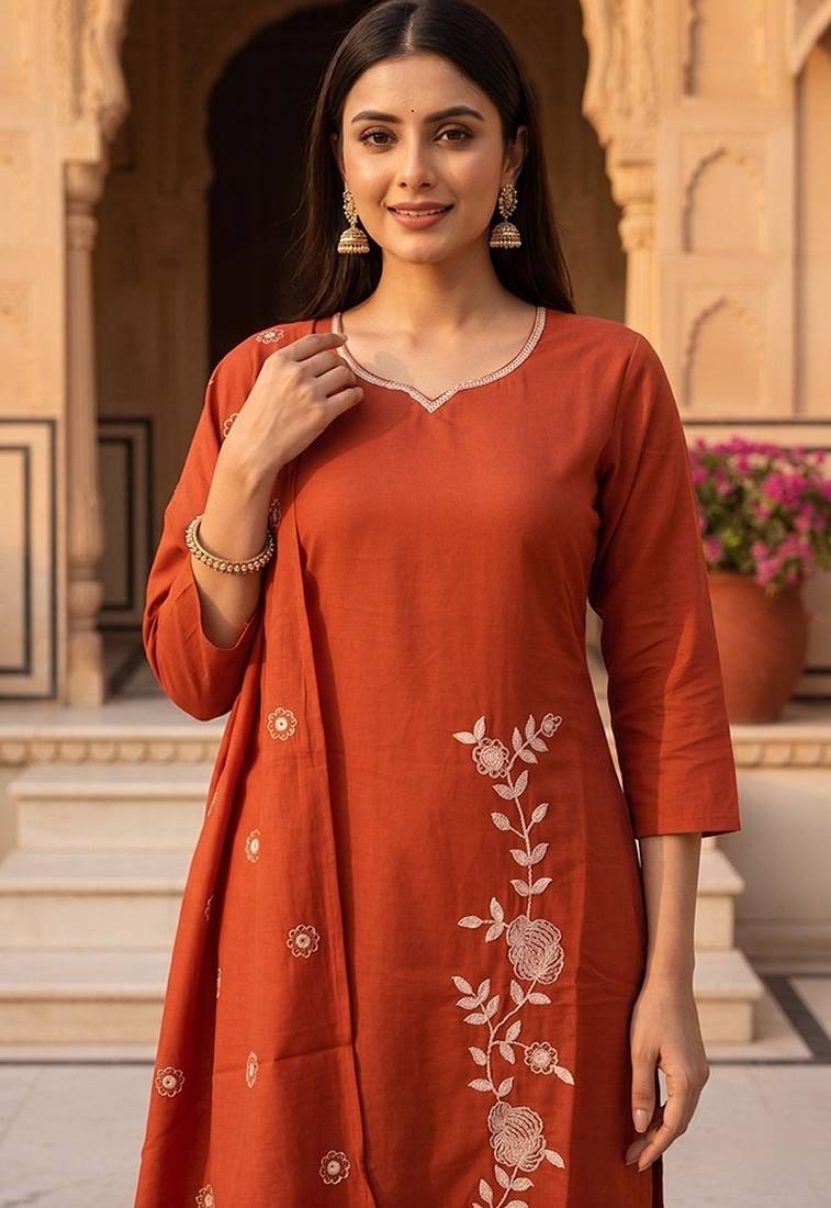 rust solid cotton free size stitched kurta set