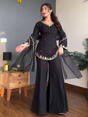 black solid chrunchy silk free size stitched short kurta suit 1