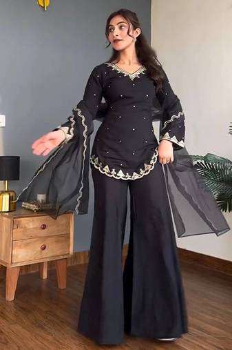 black solid chrunchy silk free size stitched short kurta suit