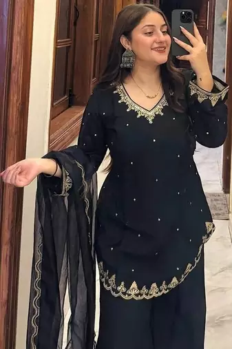 black solid chrunchy silk free size stitched short kurta suit