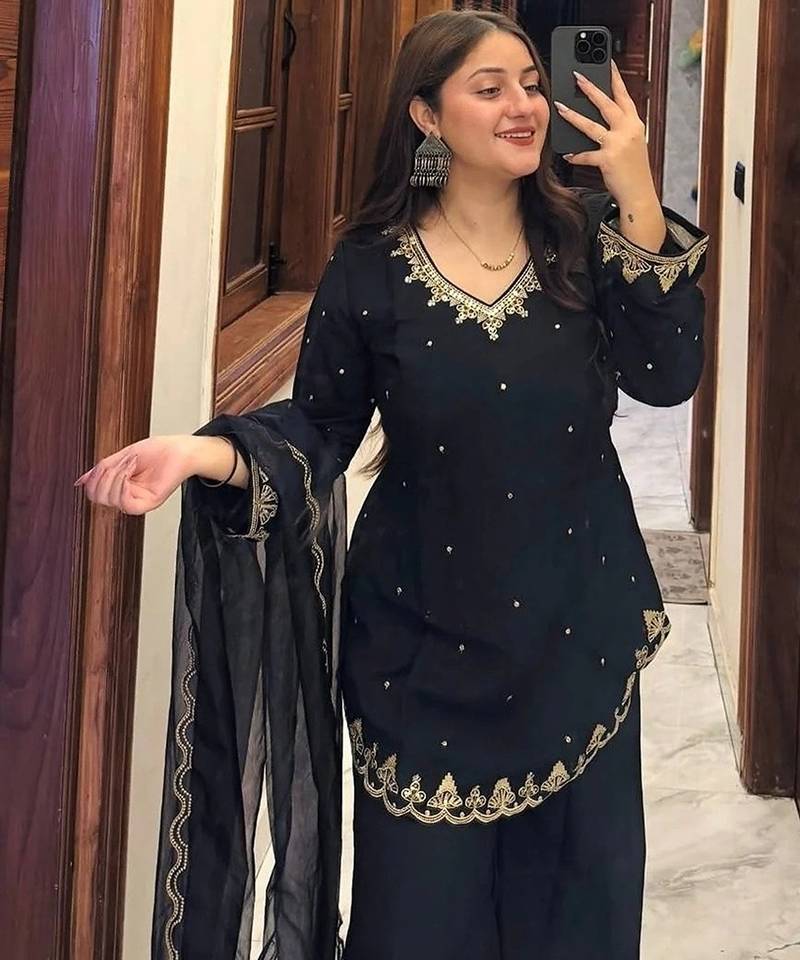 black solid chrunchy silk free size stitched short kurta suit